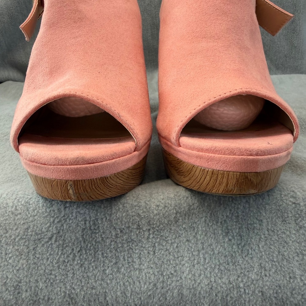 NY&C Platform Sandals 8 Pink Faux Suede Wood Heel CottageCore Peep Toe Coquette - Picture 2 of 10